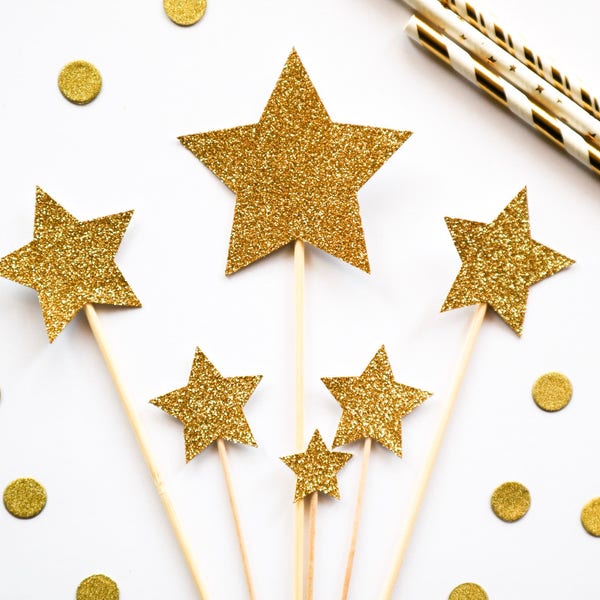 Star Assorted Size Glitter Cake Toppers - Birthday, Baby Shower, party