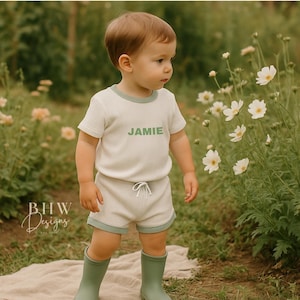 Personalised Name Baby Children&#39;s White and Sage Green Ribbed T-Shirt and Short Set with contrast trim- Kids Clothing - Summer Clothing
