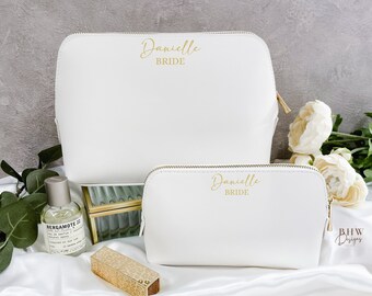 Personalised Name Bride Bridesmaid Flower Girl Faux Leather Cosmetic Travel Beauty Accessory Bag Case