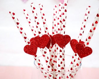 10 - Glitter Heart Valentines Heart Paper Straws - Wedding, Hen, Valentines, Love Decoration
