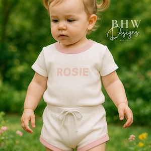 Personalised Baby T-Shirt and Shorts Set: White Ribbed Cotton with Pink Trim Clothing