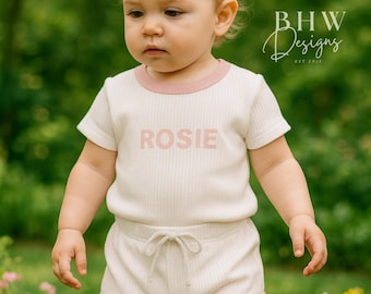 Personalised Baby T-Shirt and Shorts Set: White Ribbed Cotton with Pink Trim Clothing
