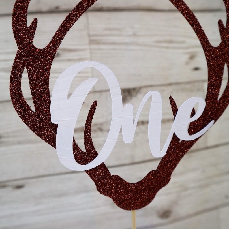 Personalised AgeName Lumberjack Deer Antlers woodland Cake Topper Brown GlitterCream