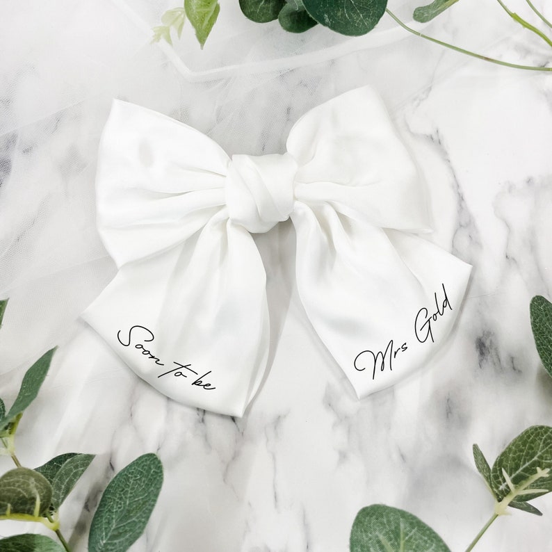 Personalised Bride White Satin Hair Bow Bride to Be Future Mrs Soon to be Mrs Hen Party Veil image 1