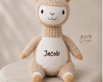 Personalised Alpaca Teddy Bear | Custom Name Soft Plush Toy | Beige Stuffed Animal Gift | New Baby, Christening Gift