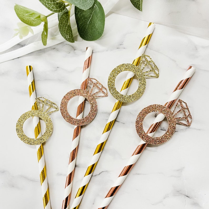 10 Glitter Diamond Ring Stripe Foil Paper Straws Gold, Silver, Rose Gold Wedding, Hen Party, Engagement Party Rose Gold and Gold