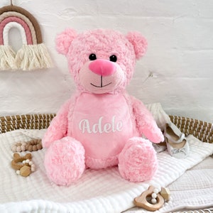 Personalised Name Pink Teddy Bear, cuddly soft toy, New baby toy