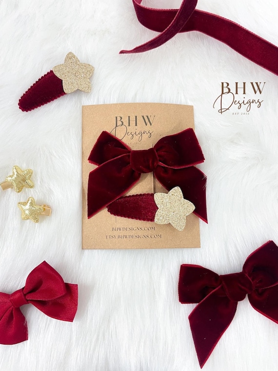 NEW HAIR ACCESSORIES:Hair clips  velvet bows with golden accents Gold Bow Hairclip - Etsy main image 2