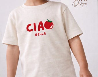 Tomato Ciao Bella Kids T-Shirt, Italian Summer Graphic Top, Cream Cotton Tee