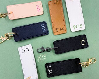 Personalised Initial Faux Leather Keychain: Monogrammed rectangle Key Ring Clip