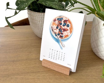 2024 Desk Calendar with Wooden Stand, Watercolor Breakfast Calendar