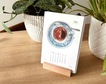 2024 Desk Calendar with Wooden Stand, Watercolor Coffee Calendar