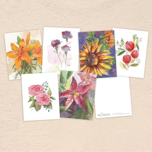 Bloemenwenskaarten, verschillende 6-pack, aquarelwenskaarten, blanco wenskaarten, notitiekaarten