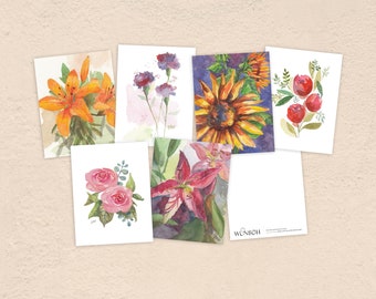 Floral Greeting Cards, Variety 6-Pack, Watercolor Greeting Cards, Blank Greeting Cards, Notecards