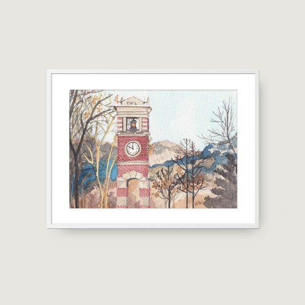 Hoeschler Clock Tower, UWL, La Crosse WI, Watercolor Print, Watercolor Art, Art Print, Home Decor, Wall Art