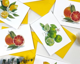 Citrus Greeting Cards - Set of 6, Originally Hand-Painted Cards, Watercolor Greeting Cards, Blank Greeting Cards