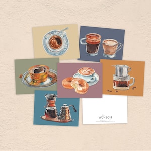 Tarjetas de felicitación de café, paquete variado de 6, tarjetas de felicitación de acuarela, tarjetas de felicitación en blanco