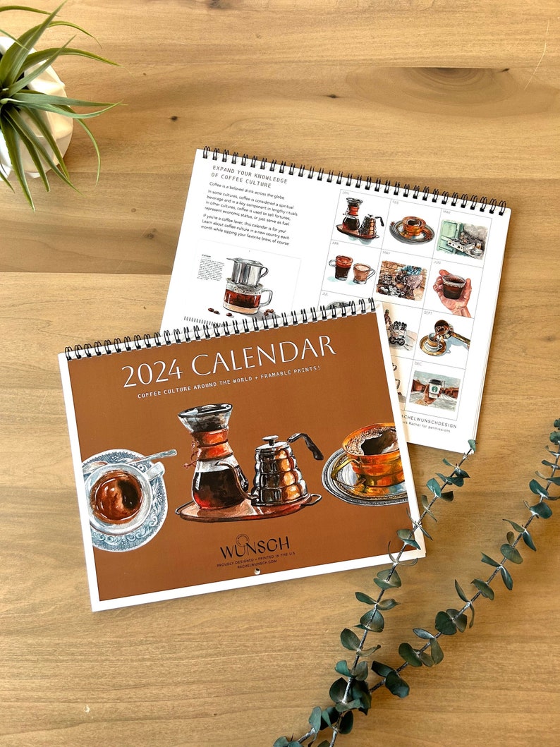 2024 Wall Calendars, 11x17, Watercolor Coffee Calendar image 1