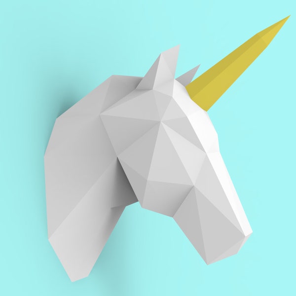 Pack PDF Tête de Licorne Papercraft - Modèle de Sculpture en Papier 3D avec Instructions - Décoration Murale DIY - Trophée Animal