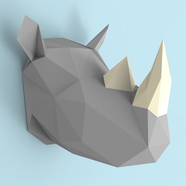 Tête de rhinocéros Papercraft PDF Pack - Modèle de sculpture en papier 3D avec instructions - Décoration murale DIY - Trophée animal