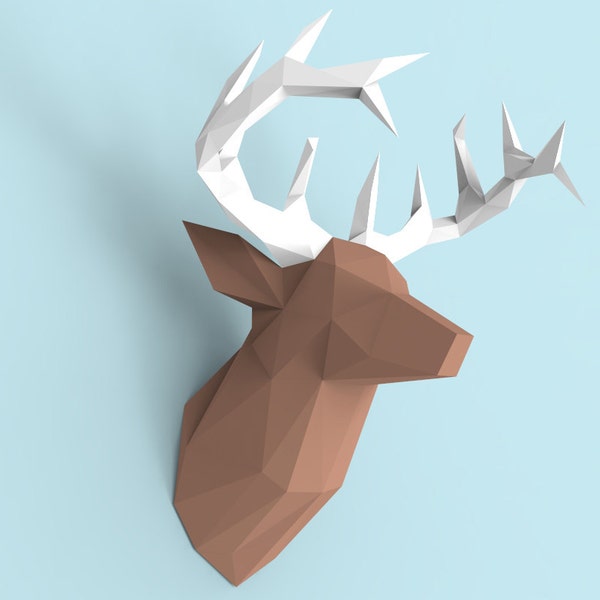Tête de cerf Papercraft PDF Pack - Modèle de sculpture en papier 3D avec instructions - Décoration murale DIY - Trophée animal