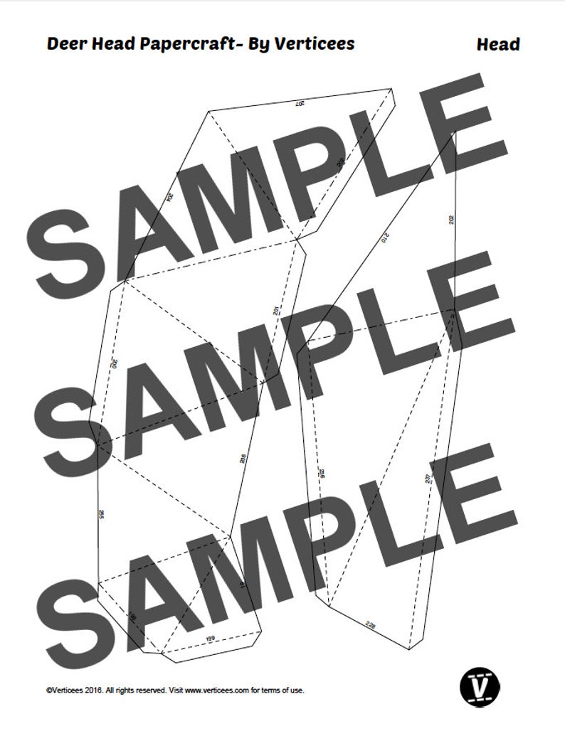May include: A black and white line drawing of a deer head papercraft template. The template is labeled with numbers and includes fold lines and tabs for assembly. The text "SAMPLE" is repeated three times over the template.