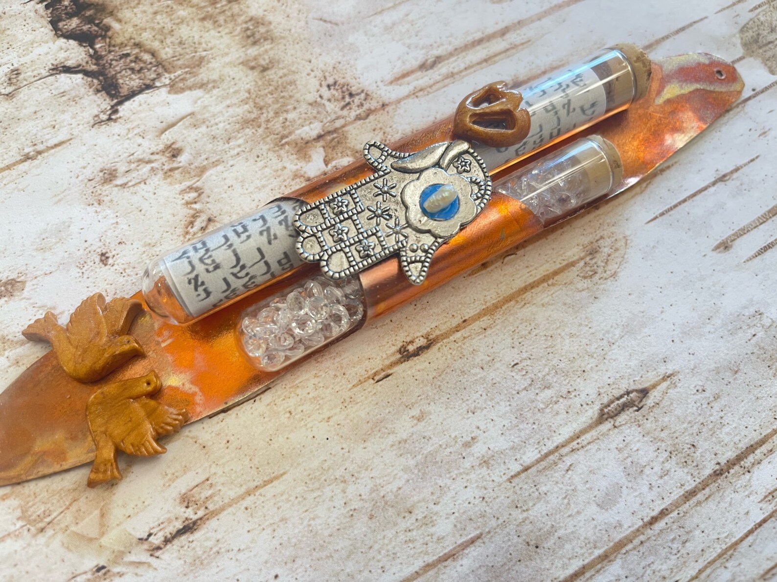 Handmade Mezuzah Copper and Glass Wedding Anniversary Mezuzah With