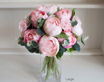 Pink peonies and eucalyptus silk flower arrangement. *vase not included