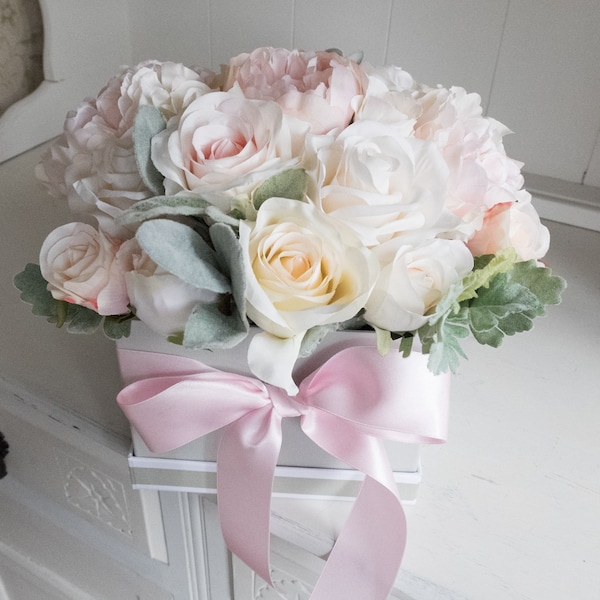 Blush pink silk flower gift box arrangement. Faux flowers. Hat box flowers.