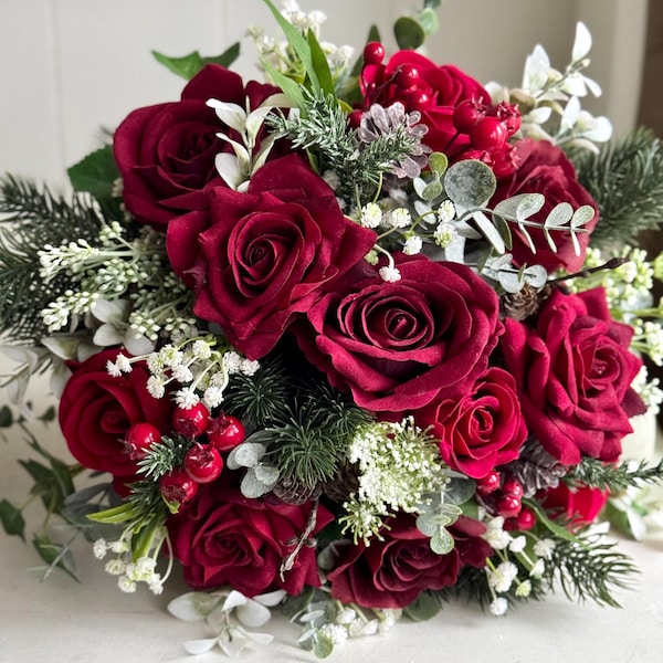 Red, burgundy and white winter wedding flowers. Artificial wedding flowers. *Updated design*