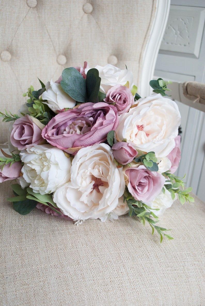 Mauve Garden Rose And Peony Silk Wedding Bouquet Dusky Pink And Cream Silk Wedding Flowers Weddings Bouquets Corsages Valresa Com