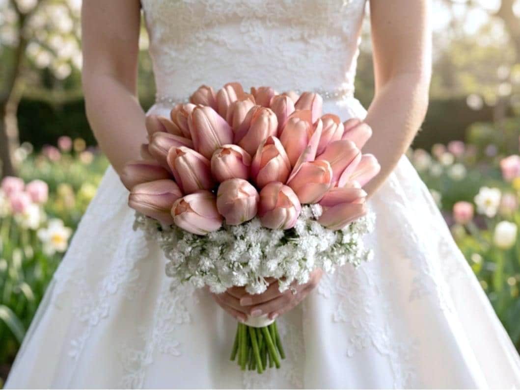 Blush Pink Tulips and Gypsophila Wedding Flowers, Artificial Tulip