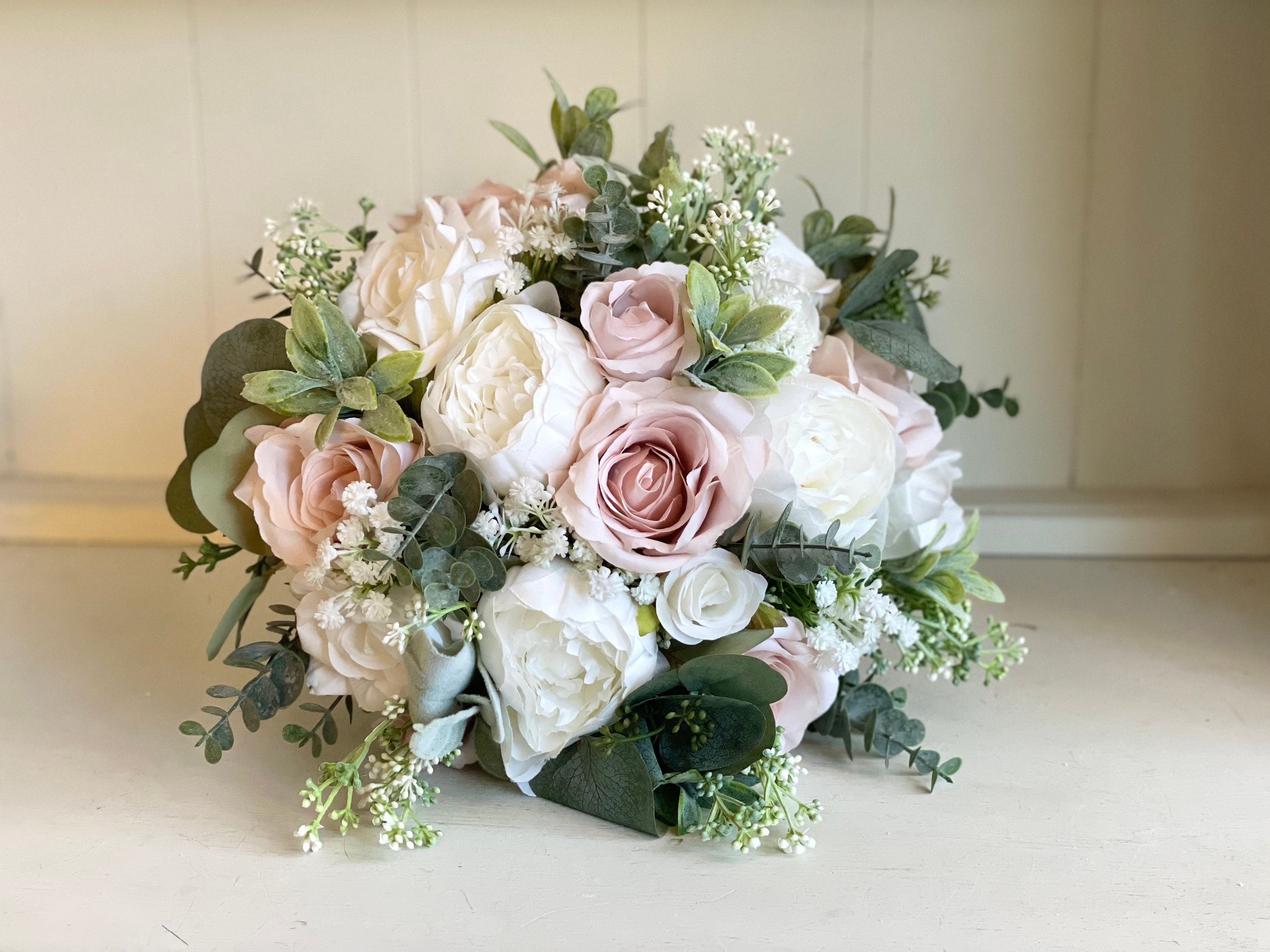 Pink Dream Peach Dried Flowers Bouquet / Preserved Daisy Rose Flowers  Bouquet / Wedding Bridal Bouquet / Preserved Silver Grey Herbs Natural 