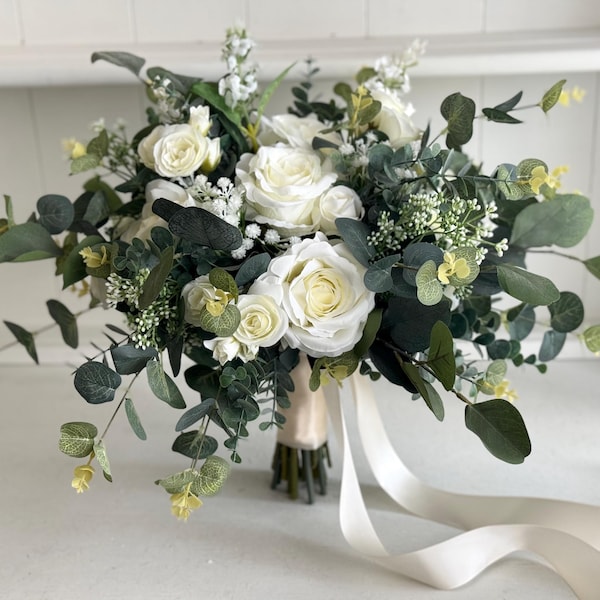 Rustic White Rose Wedding Bouquet, Eucalyptus Greenery, Silk Flowers