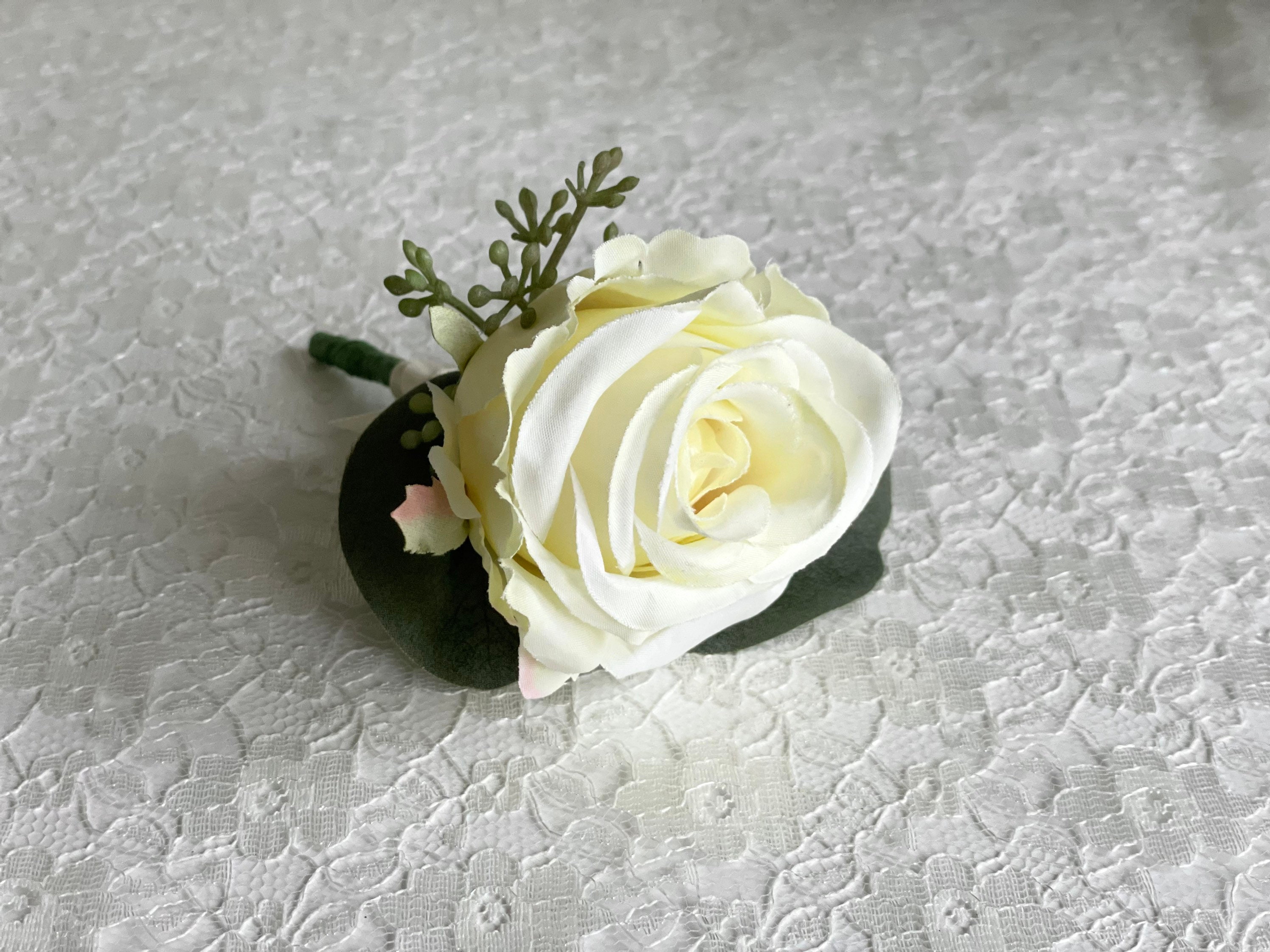 SILK WEDDING FLOWER ORANGE ROSE BUTTON HOLES ARTIFICIAL FLOWERS PEARL PIN 
