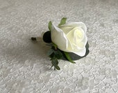 Ivory rose and eucalyptus silk wedding buttonhole.
