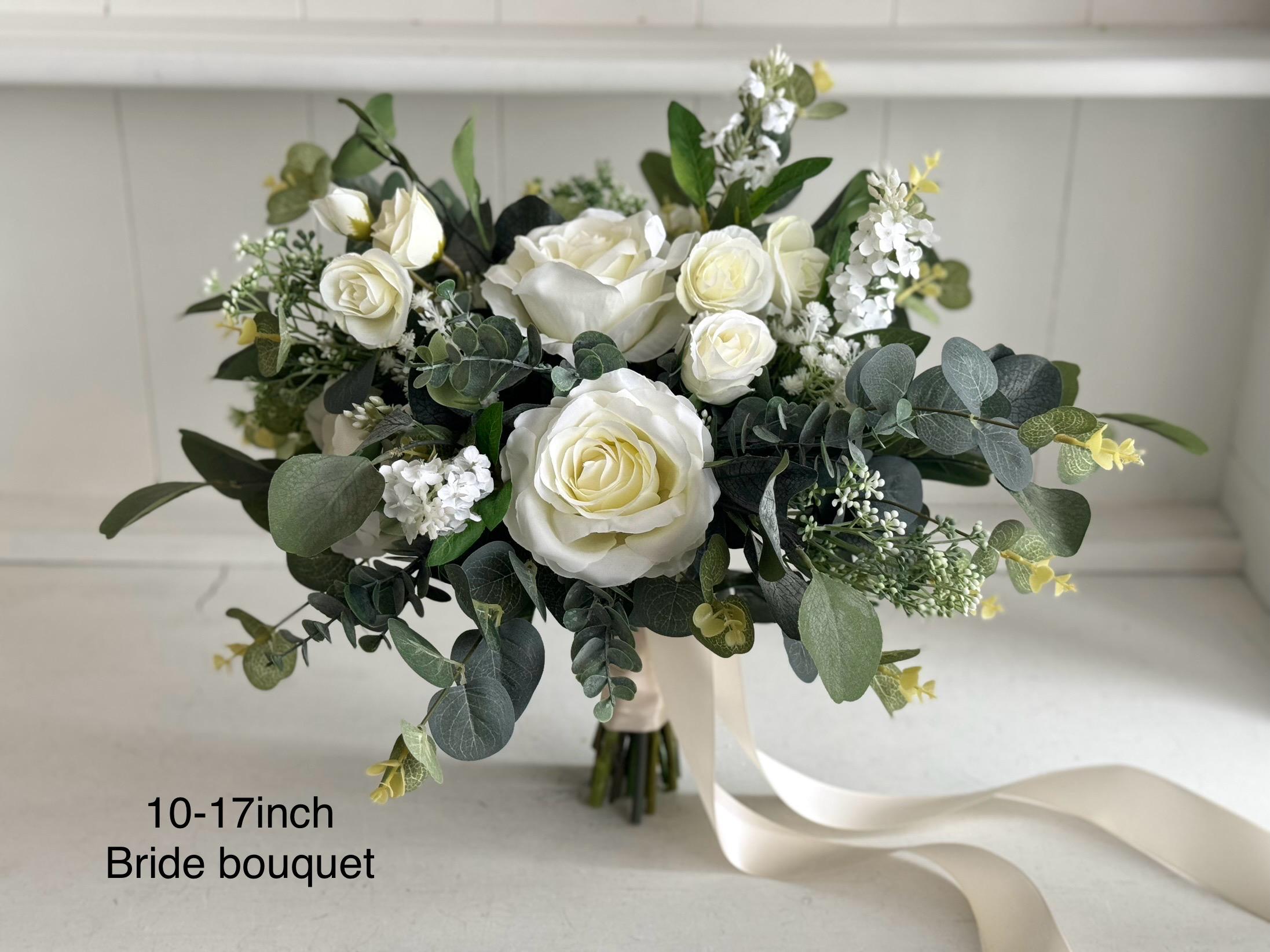 Rustic White Roses Rustic White Rose Wedding Bouquet, Eucalyptus Greenery, Silk Flowers ...
