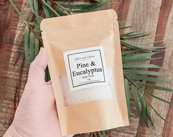 Pine & Eucalyptus bath salts 150g, wellness, menthol bath salt, Epsom salt, Dead Sea salt, single use bath salts, bath soak, sinus bath salt