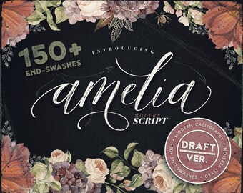 Script font - Amelia draft version. Modern calligraphy font with dancing baseline, 150+ end-swashes.