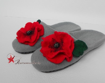 Felted Slippers Women's Slippers TO ORDER Eco Friendly Slippers Women's Home Shoes Gray Slippers Felt Wool Slippers Red Poppy Gift for her