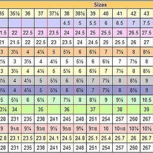 May include: A chart comparing shoe sizes in different countries and systems, including Europe, Mexico, Japan, U.K., Australia, U.S. & Canada, Russia & Ukraine, Korea (mm), inches, centimeters, and Mondopoint. The chart shows the corresponding sizes for men and women in each system.