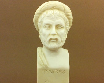 Pythagoras Alabaster statue patina aged bust Greek philosopher Mathematician