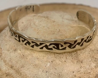 Sterling Silver 925 Cuff Bracelet, Scalloped,Tribal Motif, Handmade, Wide, Adjustable