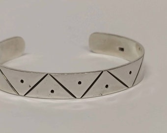 Sterling Silver 925 Cuff Bracelet with Geometric Minimalist Pattern, Handmade