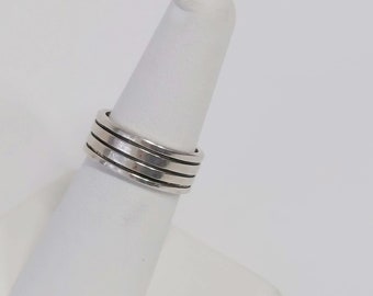 925 Solid Sterling Silver Wide Band Ring, Multi Stripe, Unisex Handmade Jewelry, Heavy, Stackable, Size 6 1/4, size 6.25