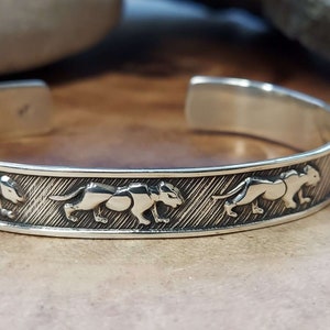 Sterling Silver 925 Running Cheetah or Jaguar Cuff Bracelet, Handmade, Adjustable, Unisex