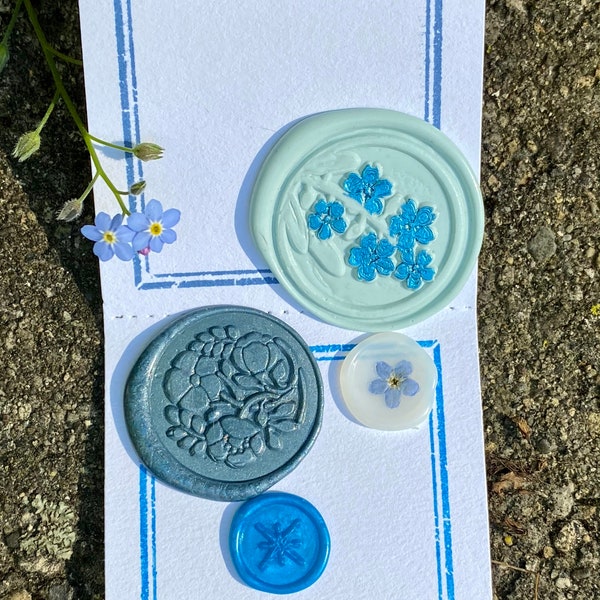 Forget Me Not blue wax seal stickers & stamped notecards matchbook set | pre-made self-adhesive wax seals