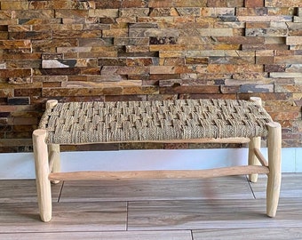 Bench in solid wood and natural weaving, traditional bench, Handmade Solid wooden bench, vintage and straw bench, handcrafted chair