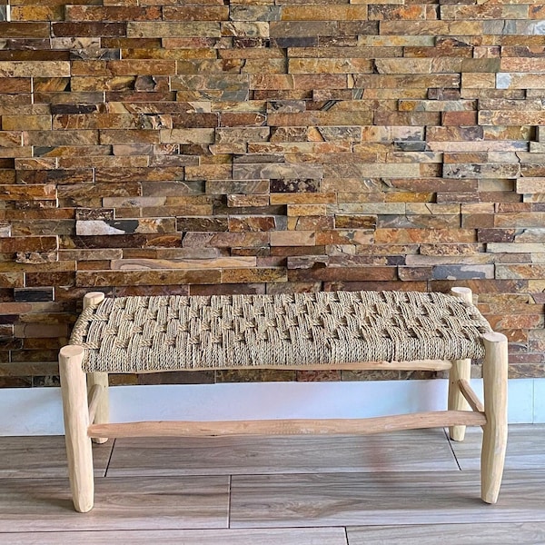Bench in solid wood and natural weaving, traditional bench, Handmade Solid wooden bench, vintage and straw bench, handcrafted chair