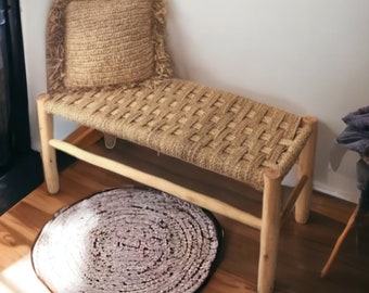 Handmade Solid wooden bench, vintage and straw bench, handcrafted chair, Bench in solid wood and natural weaving, woden bench